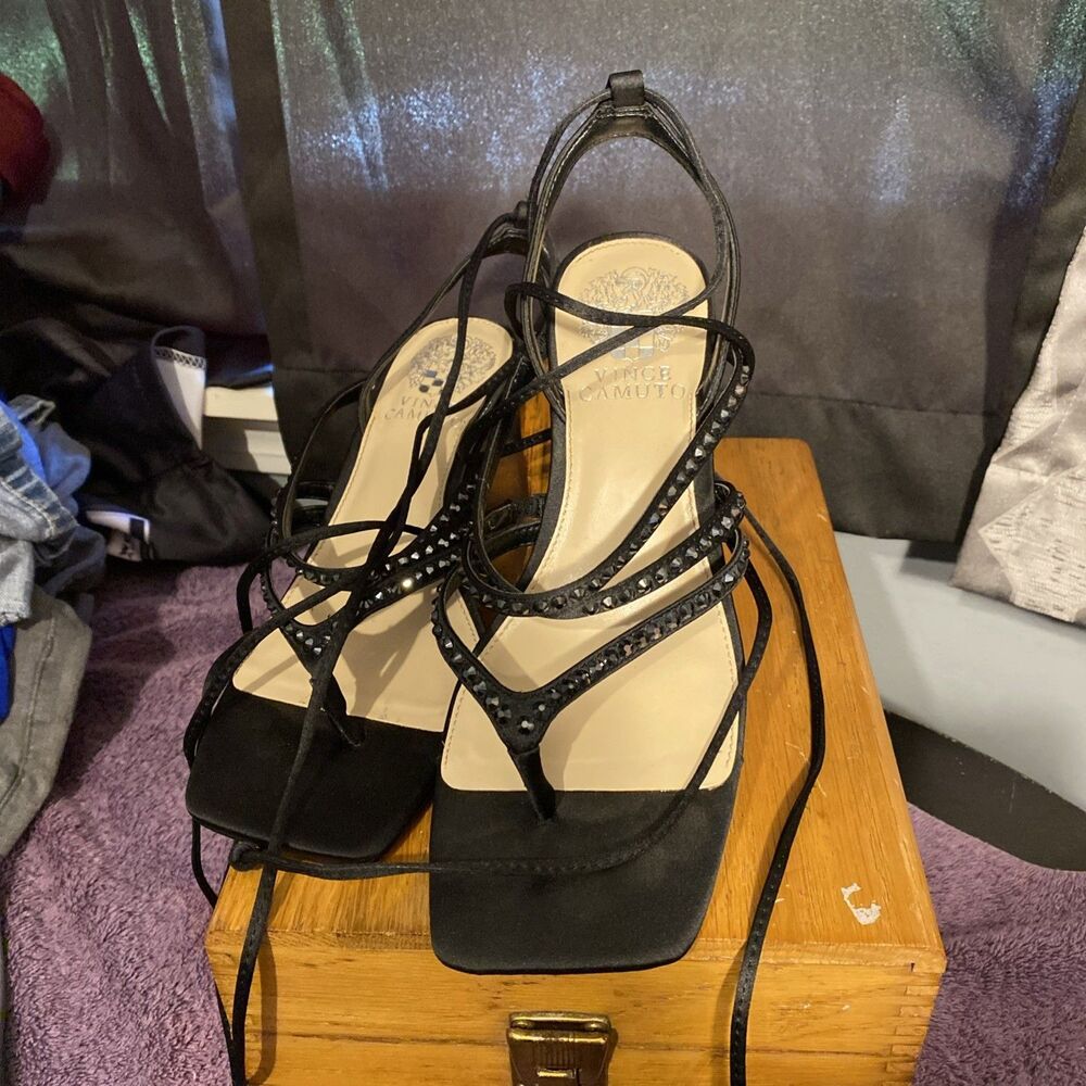 Vince Camuto Amarina Heels Size 6.5 Gladiator Straps Bling Black - Picture 4 of 9